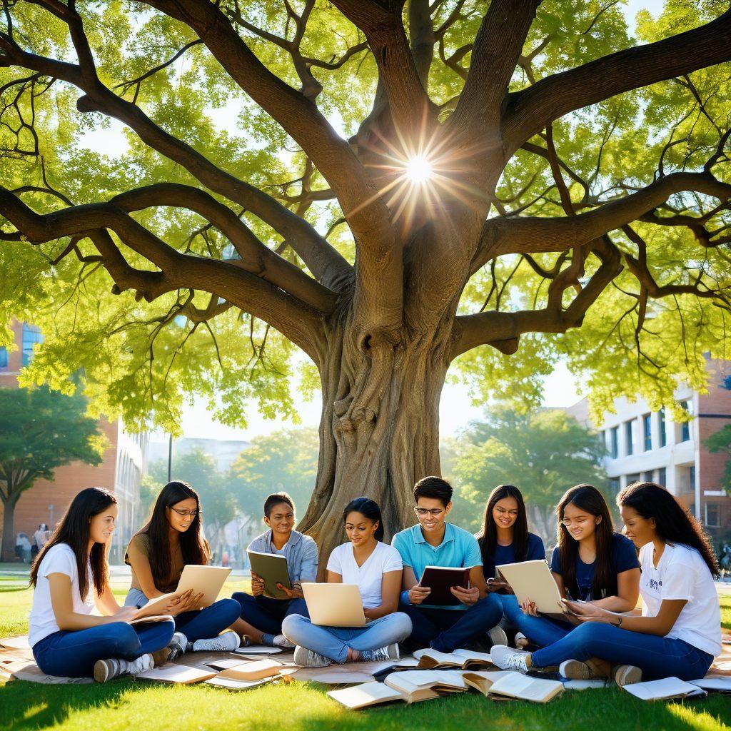 A diverse group of ambitious students, with books and laptops, brainstorming under a vibrant tree, symbolizing growth and opportunity. In the background, a subtle image of a key unlocking a padlock, representing the unlocking of potential through scholarships. A sunny day adds a hopeful vibe. super-realistic. vibrant colors. soft-focus background.