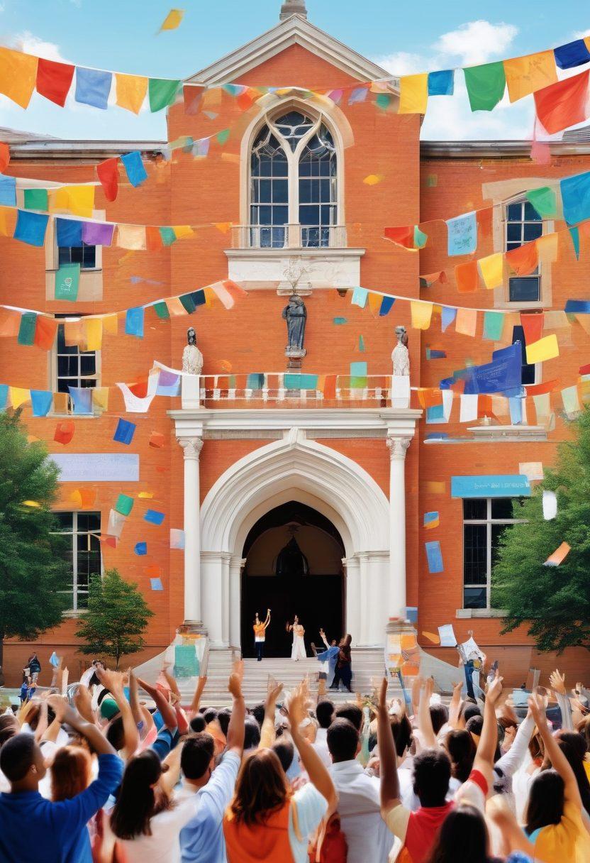 A vibrant collage showcasing diverse students celebrating their scholarship achievements in a sunny university courtyard. Include symbols of merit-based awards, community support, and inclusivity with elements like books, certificates, and community icons. The background should feature a historic campus building adorned with colorful banners representing various scholarship programs. Bright and uplifting atmosphere. super-realistic. vibrant colors. white background.