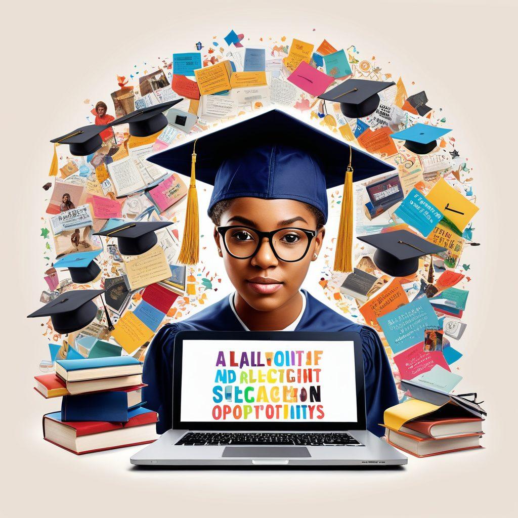 A vibrant collage showcasing diverse students eagerly researching scholarship opportunities, surrounded by motivational quotes about education and success. Include elements like a laptop, books, and a graduation cap, with exciting colors emanating hope and ambition. The background should depict a sunny campus scene to evoke positivity and opportunity. super-realistic. vibrant colors. white background.